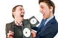 Two cheerful businessmen with blank DVDs