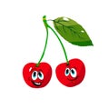 Two cheerful cherries on a branch, cartoon on a white background.