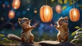 Adorable Chipmunks Playing with Lanterns in a Garden Royalty Free Stock Photo
