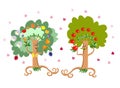 Two cheerful fairy-tale dancing trees in the form of stylized man and woman on white background with hearts.