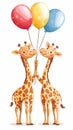 Two cheerful giraffes holding colorful balloons in a playful and whimsical style