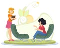 Two cheerful girlfriend. Girl brags her successes. Illustration for internet and mobile website