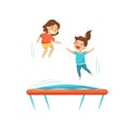 Two cheerful girls jumping on trampoline. Children having fun together. Kids leisure. Flat vector design Royalty Free Stock Photo