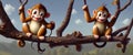 Two cheerful monkeys sitting on a tree. Figure.