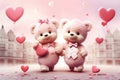 Two cheerful pink bears holding hands against a romantic cityscape with floating heart shapes Royalty Free Stock Photo