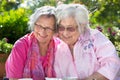 Two smiling senior woman relaxing in garden Royalty Free Stock Photo