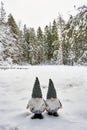 Two cheerful snow gnomes standing in a picturesque winter wonderland.