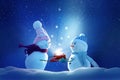 Two cheerful snowman standing in winter christmas landscape