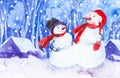 Two cheerful snowmen in a red scarf, red mittens and a black hat stand against the background of falling snow in the village. New