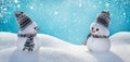 Two cheerful snowmen standing in a winter Christmas landscape. Royalty Free Stock Photo