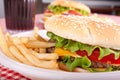 Two cheeseburgers with fries Royalty Free Stock Photo