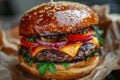 Two Cheeseburgers on Wooden Table