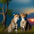 Two cheetahs in forest with sunset landscape view. Royalty Free Stock Photo