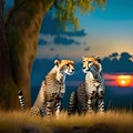Two cheetahs in forest with sunset landscape view. Royalty Free Stock Photo