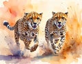 Two Cheetahs Running Through Colorful Dusty Environment Royalty Free Stock Photo