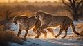 Two Cheetahs Strolling Gracefully Through the African Savanna at Golden Hour Royalty Free Stock Photo
