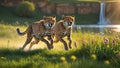 Two Cheetahs Running in a Meadow near a Waterfall at Sunset Royalty Free Stock Photo