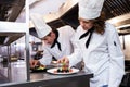 Two chefs garnishing meal on counter Royalty Free Stock Photo