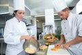 Two chefs garnishing meal on counter in commercial kitchen Royalty Free Stock Photo