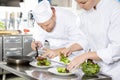 Two chefs prepares steak dish at gourmet restaurant Royalty Free Stock Photo