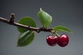 Two cherries on a branch on a gray background