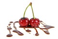 Two cherries in chocolate isolated on white background Royalty Free Stock Photo