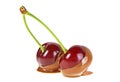 Two cherries in hot milk chocolate on white background Royalty Free Stock Photo