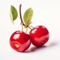 Intense Color Saturation: Two Cherries With Leaves On White Background