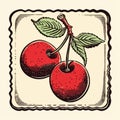 Vintage Cherry Vector: Woodcut Style Mid-century Illustration