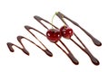 Two cherries in liquid chocolate on white background Royalty Free Stock Photo