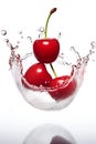 Two cherries splashing into a glass bowl. Digital image