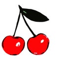 Two cherries on a twig with a leaf on a white background