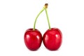 Two cherries on a white background. Seasonal fruit Royalty Free Stock Photo