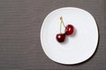 Two cherries on a white plate on the texture gray background, empty space, top view Royalty Free Stock Photo