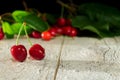 Two cherries on a wooden blurred background