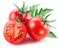 Two cherry tomatoes and a half of tomato. White background Royalty Free Stock Photo