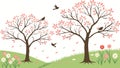 Two Cherry Trees in Full Bloom, Spring Awakening and Serenity, vector design Generative AI Royalty Free Stock Photo