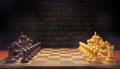 Two chess pieces are facing each other in haze on a chessboard against a brick wall background. Royalty Free Stock Photo