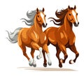 Two chestnut horses galloping, artistic animal illustration. Elegance, power of wild horses captured in motion vector