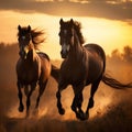 Two chestnut horses galloping in a sunlit field at sunset. Generative Ai Royalty Free Stock Photo