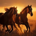 Two chestnut horses galloping in a sunlit field at sunset. Generative Ai Royalty Free Stock Photo