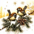 Two chickadees on snow-dusted pine branches. Illustrated Christmas Royalty Free Stock Photo