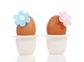 Two chicken eggs in holder with flower