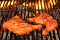 Two Chicken Leg Quarter Roasted On Hot BBQ Flaming Grill Royalty Free Stock Photo