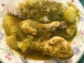 Two Chicken Legs With Potatoes, Squash, White Rice and Tomatillo Salsa Royalty Free Stock Photo