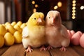 Two chickens on a background of chicken eggs. Poultry farm banner Royalty Free Stock Photo