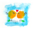 Two chickens and heart. Watercolor hand painted illustration.
