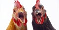 Two chickens are standing closely together, directly facing the camera Royalty Free Stock Photo