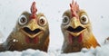 Two chickens are standing closely together, directly facing the camera Royalty Free Stock Photo