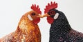 Two chickens are standing closely together, directly facing the camera Royalty Free Stock Photo